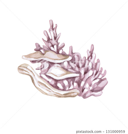 Fantasy corals with sea mushroom growths. Isolated watercolor illustration of underwater plants for children's prints, clothing, and interior design for themed parties and children's rooms. 131000959