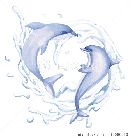 Two dolphins playing on a wave. Isolated watercolor illustration of sea creatures for children's prints, clothing, and interior design for themed parties and children's rooms. 131000960