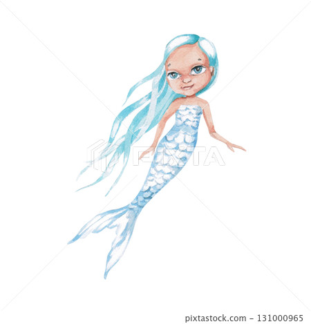 A mermaid with long blue hair. Isolated watercolor illustration of a fairy-tale character for children's prints, clothing, and interior design for themed parties and children's rooms. A mermaid with long blue hair. Isolated watercolor illustration of a fairy-tale character for children's prints, clothing, and interior design for themed parties and children's rooms. 131000965
