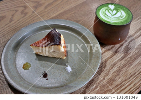 Matcha latte and Basque cheesecake at this traditional Japanese cafe in Kurashiki's scenic area Matcha latte and Basque cheesecake at this traditional Japanese cafe in Kurashiki's scenic area 131001049