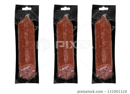 Top view of smoked meat salami in vacuum package isolated on black background. Raw smoked salami sausage isolated Top view of smoked meat salami in vacuum package isolated on black background. Raw smoked salami sausage isolated 131001128
