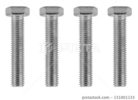 Macro shot metal bolt isolated on white background. Chromed screw bolt isolated. Steel bolt isolated. Nuts and bolts. Tools for work. 131001133