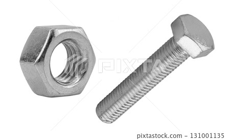 Macro shot metal bolt isolated on white background. Chromed screw bolt isolated. Steel bolt isolated. Nuts and bolts. Tools for work. 131001135