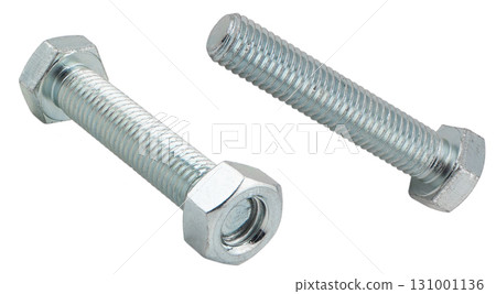 Macro shot metal bolt and nut isolated on white background. Chromed screw bolt isolated. Steel bolt isolated. Nuts and bolts. Tools for work. Macro shot metal bolt and nut isolated on white background. Chromed screw bolt isolated. Steel bolt isolated. Nuts and bolts. Tools for work. 131001136