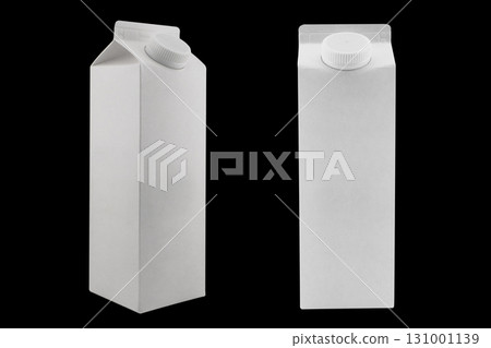 Milk box or juice box carton packages Blank white. Paper cardboard brick package for beverage diary products. Retail package mockup isolated on black background Milk box or juice box carton packages Blank white. Paper cardboard brick package for beverage diary products. Retail package mockup isolated on black background 131001139