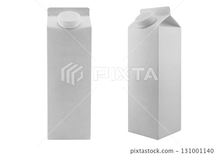 Milk box or juice box carton packages Blank white. Paper cardboard brick package for beverage diary products. Retail package mockup isolated on white background 131001140