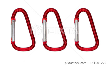 Metal carabiner on a screw isolated on a white background. Stainless steel safety carabiner isolated 131001222