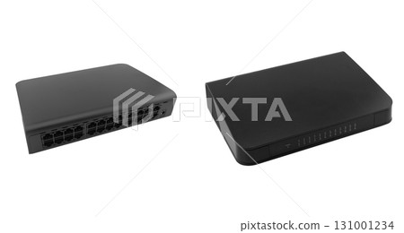 Networking ethernet 24 port switch isolated on white background. Ethernet hub, active hub, network hub, repeater hub, multiport repeater 24 ports with uplink port Networking ethernet 24 port switch isolated on white background. Ethernet hub, active hub, network hub, repeater hub, multiport repeater 24 ports with uplink port 131001234