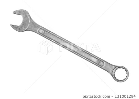 Wrench isolated on white background. Top view of wrench isolated over white. Close up silver metal wrench isolated. Wrench isolated on white background. Top view of wrench isolated over white. Close up silver metal wrench isolated. 131001294