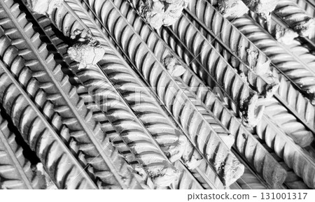 Steel bar or steel reinforcement bar. Construction armature. Reinforcements iron bars in row. The steel rebars. Steel rods bars texture background. 131001317