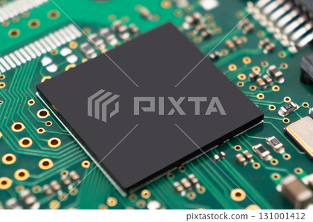 Circuit board with resistors microchips and electronic components background. Computer hardware technology. Integrated communication processor. 131001412