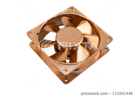 CPU fan. Computer cooler or cooling ventilation for computer isolated on white background. Copper computer fan isolated CPU fan. Computer cooler or cooling ventilation for computer isolated on white background. Copper computer fan isolated 131001446