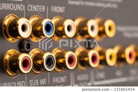 RCA sockets of audio surround receiver amplifier. Output audio connectors RCA sockets of audio surround receiver amplifier. Output audio connectors 131001454
