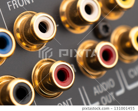 RCA sockets of audio surround receiver amplifier. Macro shot Output audio connectors RCA sockets of audio surround receiver amplifier. Macro shot Output audio connectors 131001455