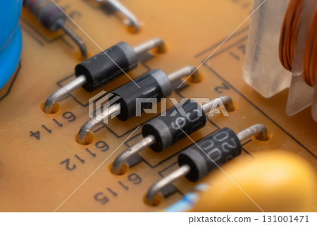 Circuit board with resistors microchips and electronic components background. Computer hardware technology. Integrated communication processor. 131001471