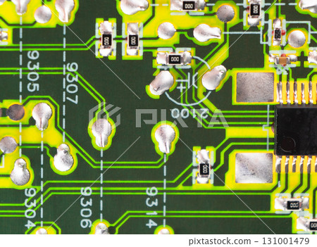 Circuit board with resistors microchips and electronic components background. Computer hardware technology. Integrated communication processor. Circuit board with resistors microchips and electronic components background. Computer hardware technology. Integrated communication processor. 131001479