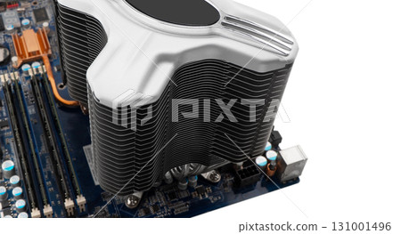 Macro shot heatsink on laptop motherboard. CPU heatsink cooler of the computer laptop. Thin cooling blades and metal radiator. Cooling fans of a computer cooling device Macro shot heatsink on laptop motherboard. CPU heatsink cooler of the computer laptop. Thin cooling blades and metal radiator. Cooling fans of a computer cooling device 131001496