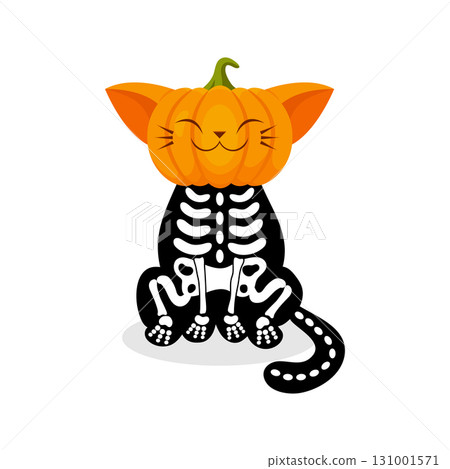 Cartoon skeleton cat with a pumpkin head. Cute Halloween pumpkin mascot. Vector illustration 131001571