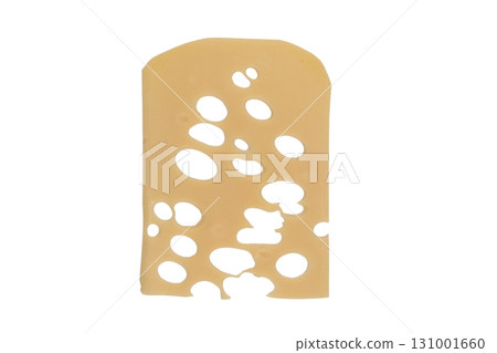 Maasdam cheese slice isolated on white background. Closeup view of a piece of maasdam cheese. Piece of delicious fresh cheese. 131001660