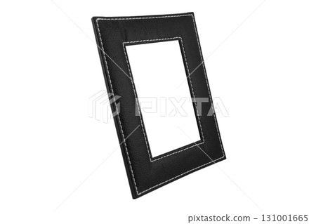 Black frame made from leather isolated on white background.  Leather square frame with copy space isolated. Black frame made from leather isolated on white background.  Leather square frame with copy space isolated. 131001665