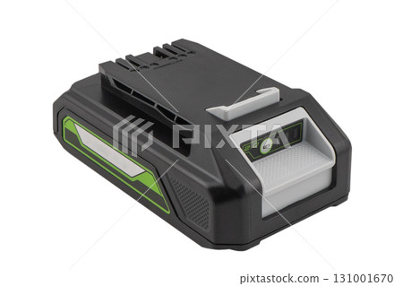 Black lithium-ion battery isolated on white background. Lithium rechargeable battery for hand tools or equipment isolated. Black lithium-ion battery isolated on white background. Lithium rechargeable battery for hand tools or equipment isolated. 131001670