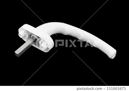 Window handle for opening closing and operating patio doors and insulated glass windows on black background. Window handle isolated. Window handle for opening closing and operating patio doors and insulated glass windows on black background. Window handle isolated. 131001671