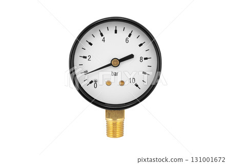 Manometer. Steam or water pressure meter isolated on white background. Device for measuring steam or water pressure. Mechanical installation air pressure manometer 131001672
