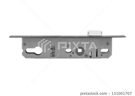 Galvanized mortise door lock with striker on white background. Door furniture. Door mortise lock. Metal door lock isolated 131001707