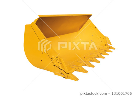 Yellow wheel loader bucket isolated on white background. Loading Shovel. Manufacturing Equipment. Extended bucket close-up. Construction equipment for earthworks Yellow wheel loader bucket isolated on white background. Loading Shovel. Manufacturing Equipment. Extended bucket close-up. Construction equipment for earthworks 131001766