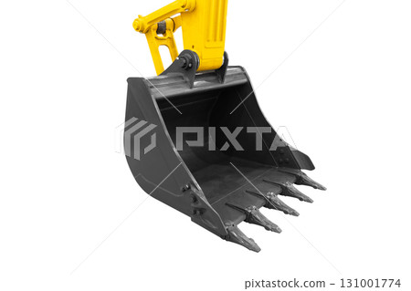 Crawler excavator with lift up bucket isolated on white background. Powerful excavator with an extended bucket close-up. Construction equipment for earthworks Crawler excavator with lift up bucket isolated on white background. Powerful excavator with an extended bucket close-up. Construction equipment for earthworks 131001774