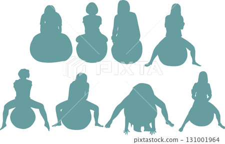 Illustration of a woman training using a balance ball 131001964