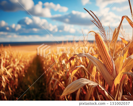 Close-Up View Of A Golden Corn Cob On The Stalk Under A Blue Sky. Close-Up View Of A Golden Corn Cob On The Stalk Under A Blue Sky. 131002037