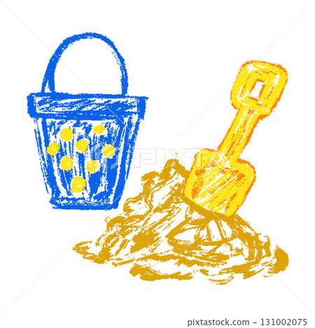 Chalk drawing of a kids bucket with a small shovel and sand. Hand drawn crayon scribble style illustration with playful and cheerful mood. Chalk drawing of a kids bucket with a small shovel and sand. Hand drawn crayon scribble style illustration with playful and cheerful mood. 131002075