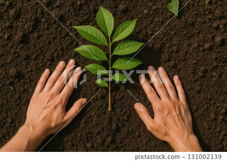 Hands gently planting a young tree seedling into rich soil on a sunny day in a backyard garden 131002139