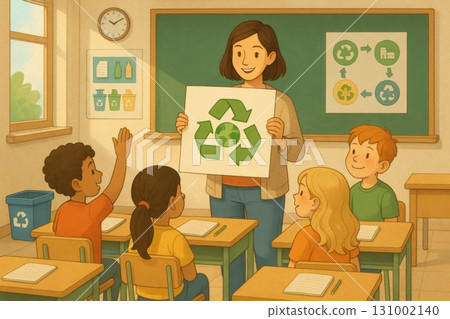 Teacher engages students in recycling discussion during classroom session on environmental awareness and sustainability in elementary school 131002140