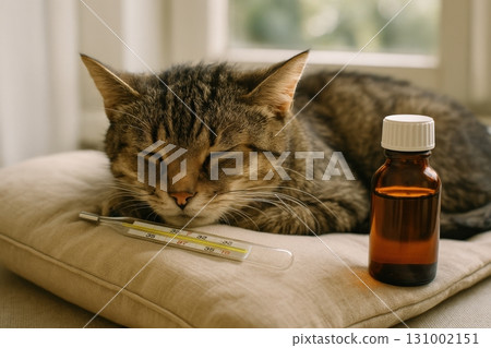 Cat resting on a cushion with a thermometer and medicine bottle nearby, showing signs of illness in a cozy home setting 131002151