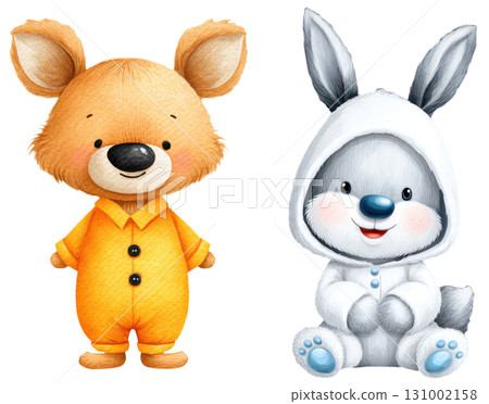 Cute kangaroo in orange outfit and bunny in white hoodie, perfect for Halloween themed illustrations Cute kangaroo in orange outfit and bunny in white hoodie, perfect for Halloween themed illustrations 131002158