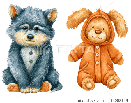 Cute Halloween themed illustration of fluffy wolf in cozy outfit and bunny in orange costume, perfect for festive decor 131002159