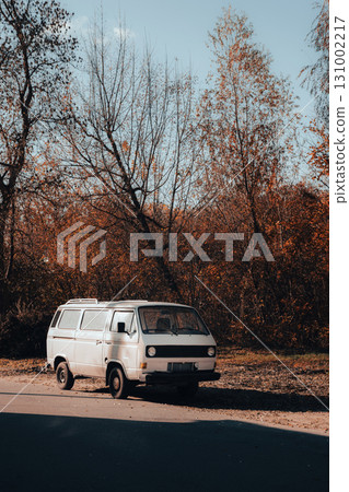 Vintage White Van Parked by Autumn Forest Road 131002217