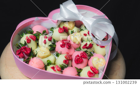 Heart Shaped Box with Chocolate Covered Strawberries and Berries 131002239