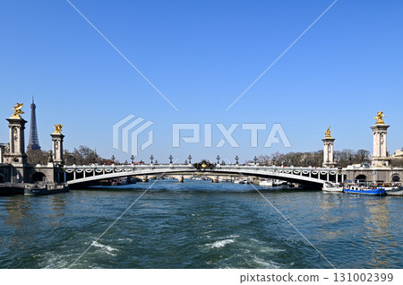 Beautiful view of Paris from a Seine River cruise ship 131002399