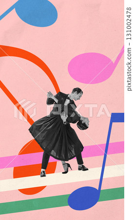 Bright collage. Ballroom dance couple in elegant dip on pink background with colorful notes 131002478