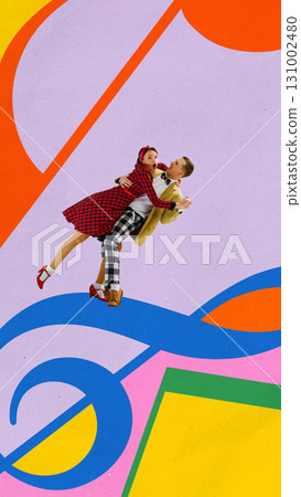 Creative artwork. Retro dance couple in red and yellow outfits on pastel music note background 131002480