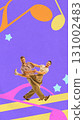Vibrant composition. Swing dance couple in dynamic pose on purple music note background 131002483