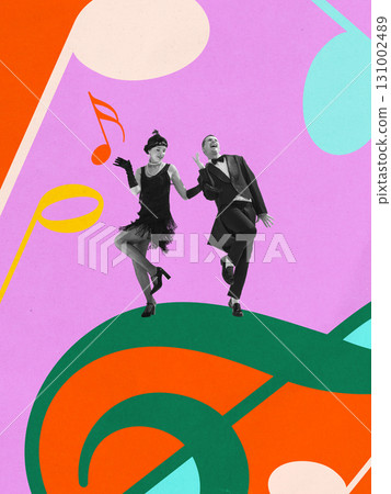 Creative digital artwork. Vintage couple dancing on colorful musical background Creative digital artwork. Vintage couple dancing on colorful musical background 131002489