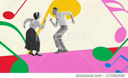 Contemporary collage. Retro couple dancing with energy on colorful music notes 131002492