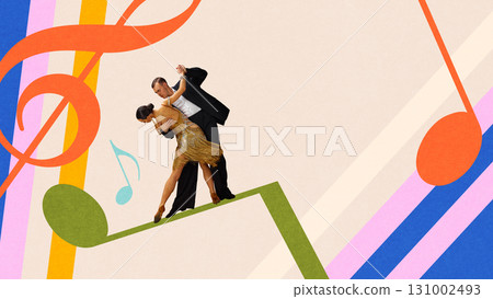 Graphic composition. Elegant retro couple performing ballroom dance on vibrant music background Graphic composition. Elegant retro couple performing ballroom dance on vibrant music background 131002493