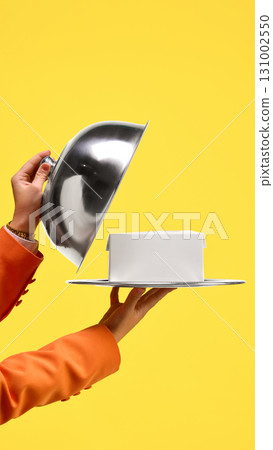Orange sleeve hand opens silver cloche to reveal white copy space box on serving tray Orange sleeve hand opens silver cloche to reveal white copy space box on serving tray 131002550