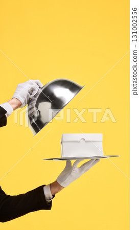 Silver cloche unveiling white copy space box on tray against yellow background. Mockup for ads 131002556