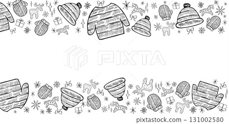 Winter knitwear and Xmas traditional decor monochrome black and white vector horizontal border. Knitted mittens, pom pom hat, patterned sweater, gifts, decorated animals, snowflakes outline drawing. 131002580